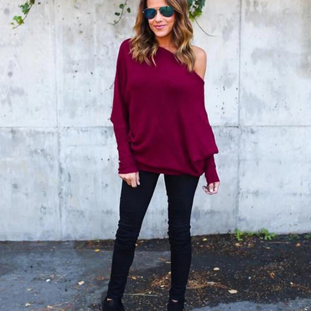 NWOT Sexy One Shoulder Batwing Knit Loose Sweater